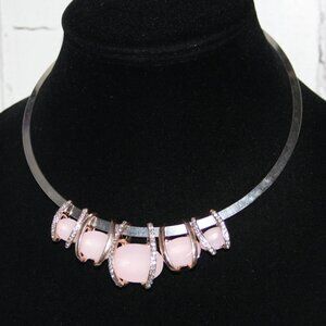Beautiful silver collar necklace with rose gold, rhinestones and pink gems
